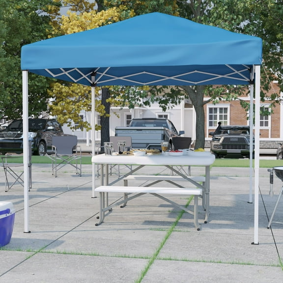 BizChair 8'x8' Blue Pop Up Event Canopy Tent with Carry Bag and Folding Bench Set - Portable Tailgate, Camping, Event Set