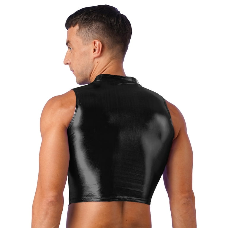 YiZYiF Mens Metallic Mock Neck Crop Top Faux Leather Vest