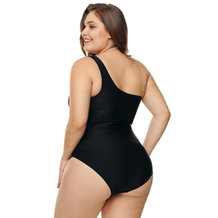 POGLIP Women's One Shoulder Grid Cutout Side Plus Size Maillot Swimwear 