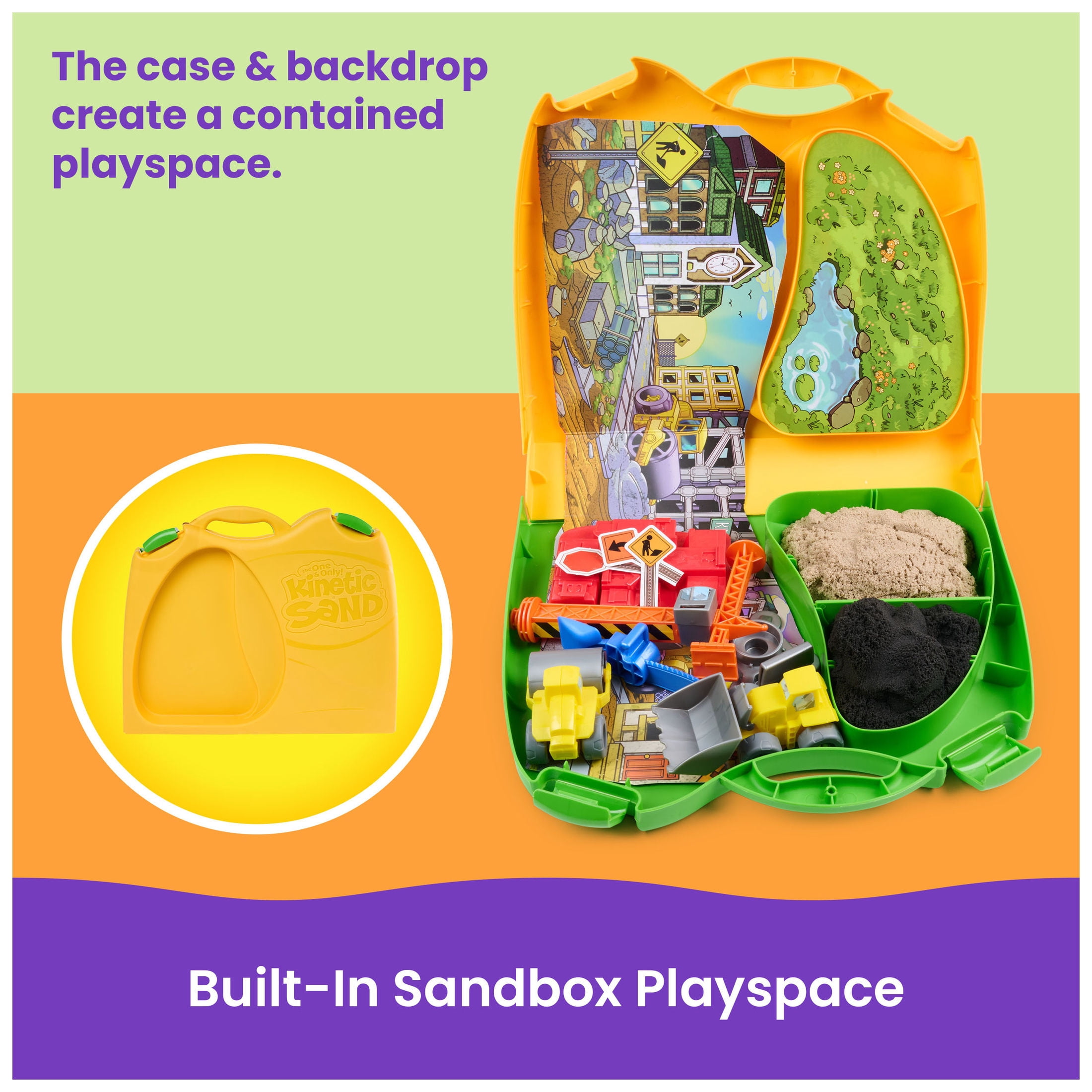 Kinetic Sand, Construction Zone with 1.75lb Sand, 2 Vehicles, Tools & Storage Case