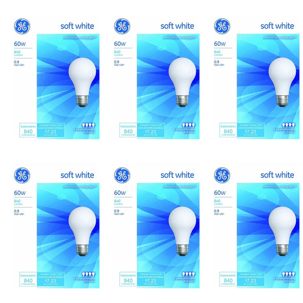 Pack of (6) GE Bulb, Soft White 60 Watts, 4 bulbs per Pack