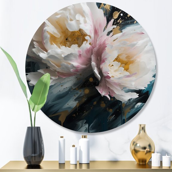 Designart "Peonies Petals In Bloom White II" Floral Peony Metal Round Art Print