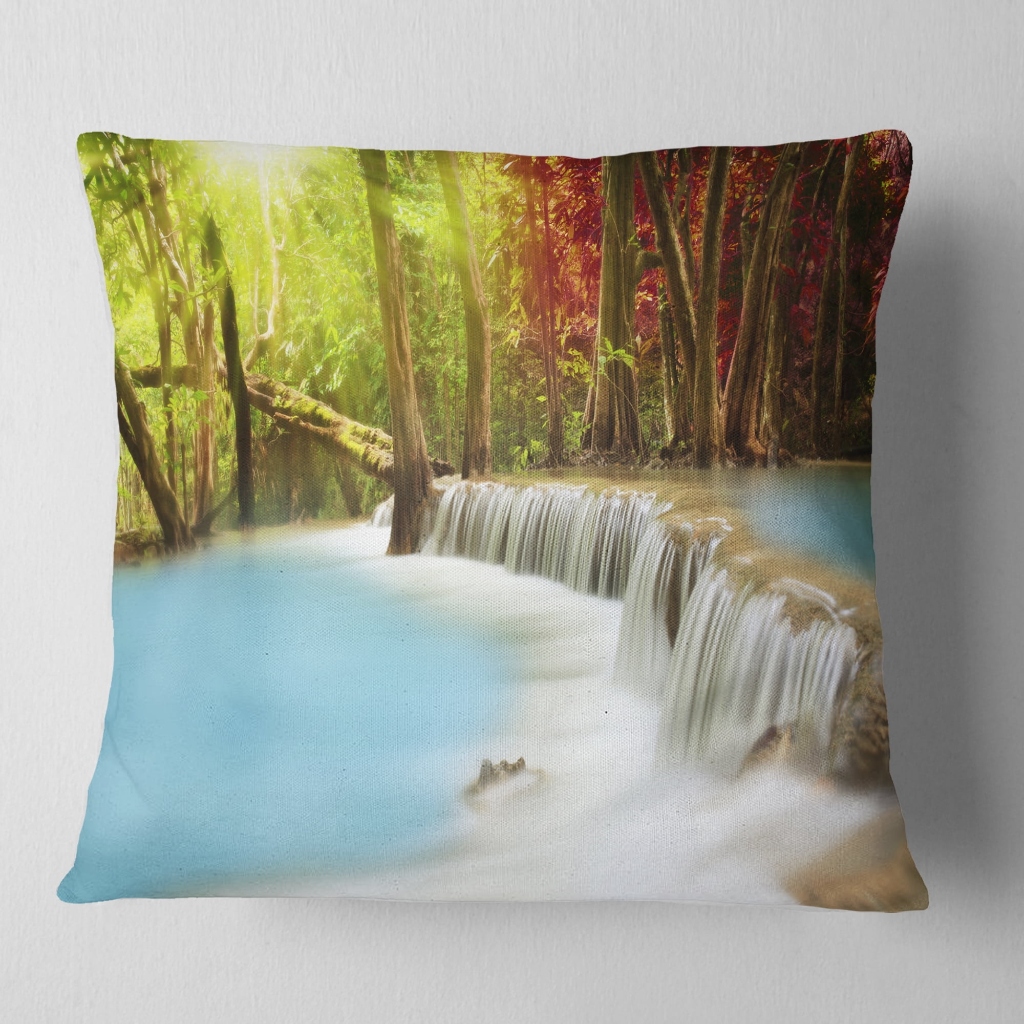 Designart Blue Waters of Huai Mae Kamin Waterfall - Landscape Printed Throw Pillow - 16x16