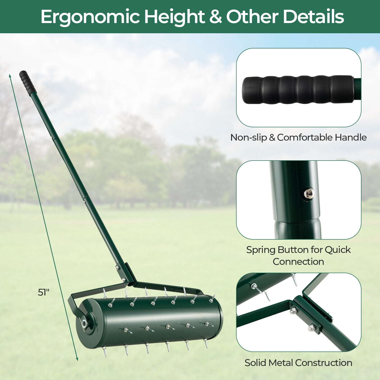 Amijoy 21" Manual Lawn Aerator Heavy Duty Rolling Push Grass Aeration Tool with Handle