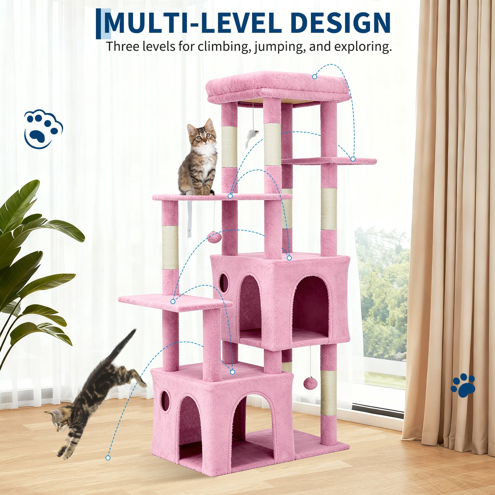 BouPower 61" Multi-Level Cat Tree Tower, Dark Grey Heavy-Duty Cat Condo with Oversized Perch, 2 Spacious Condos, Natural Sisal Scratching Posts and Play Toys for Large Adult & Maine Coon Cats