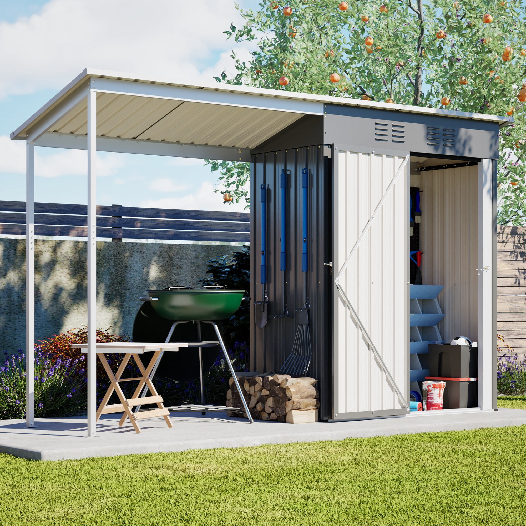 Aukfa 5x3 FT Outdoor Storage Shed & Gazebo Combo, 2-in-1 Galvanized Steel Metal Tool Shed with Open Pergola for Backyard, Patio & Garden