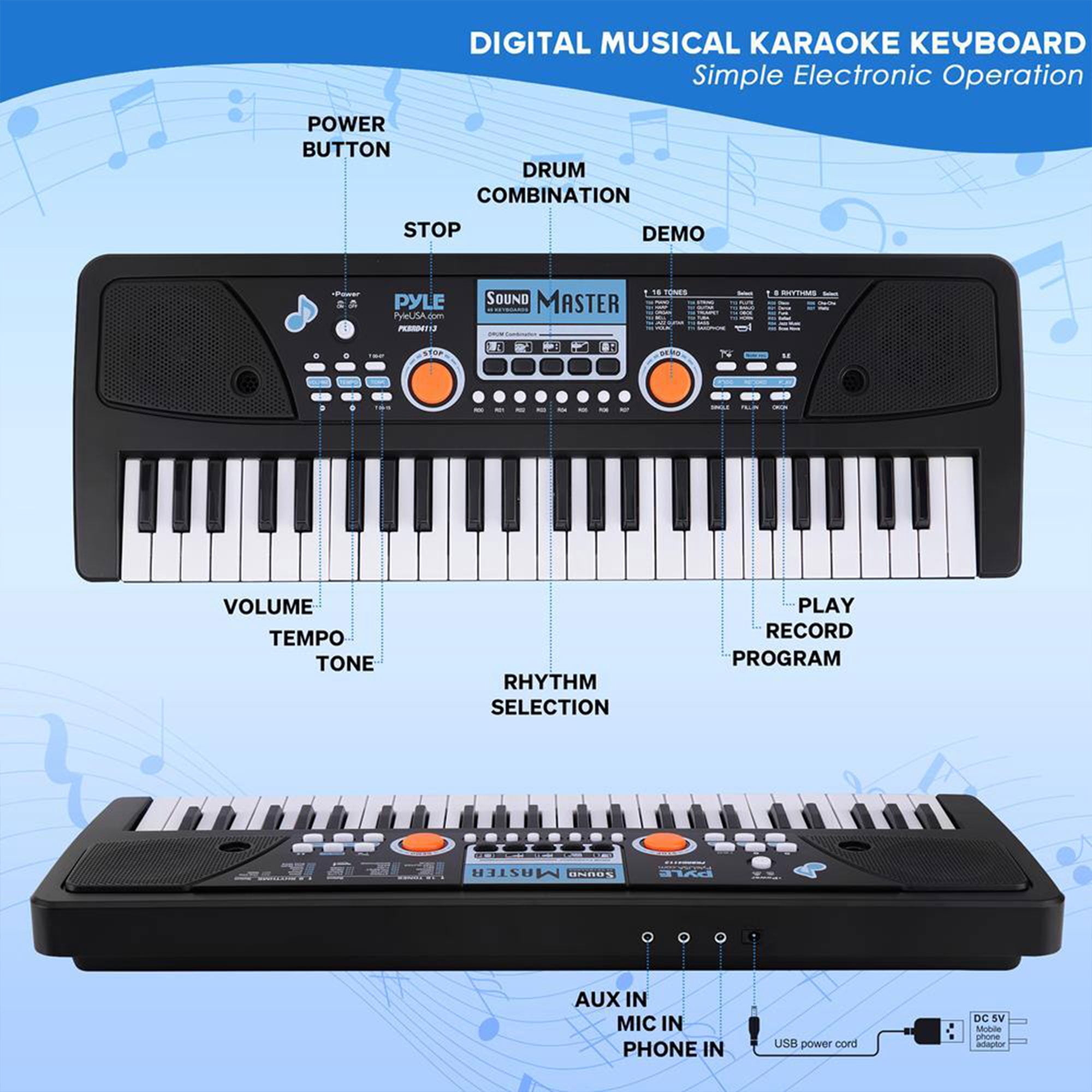Pyle Portable Electric 49 Key Karaoke Piano Keyboard and Microphone, Black