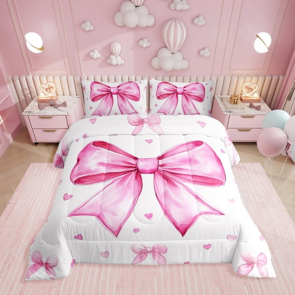 Erosebridal Girly Pink White Comforter Set Queen,Cute Bow Bedding Set Dreamy Princess Bedding Comforter Sets Teen Women,Kawaii Bowknots Bow Tie Quilt Duvet 2 Pillow Cases