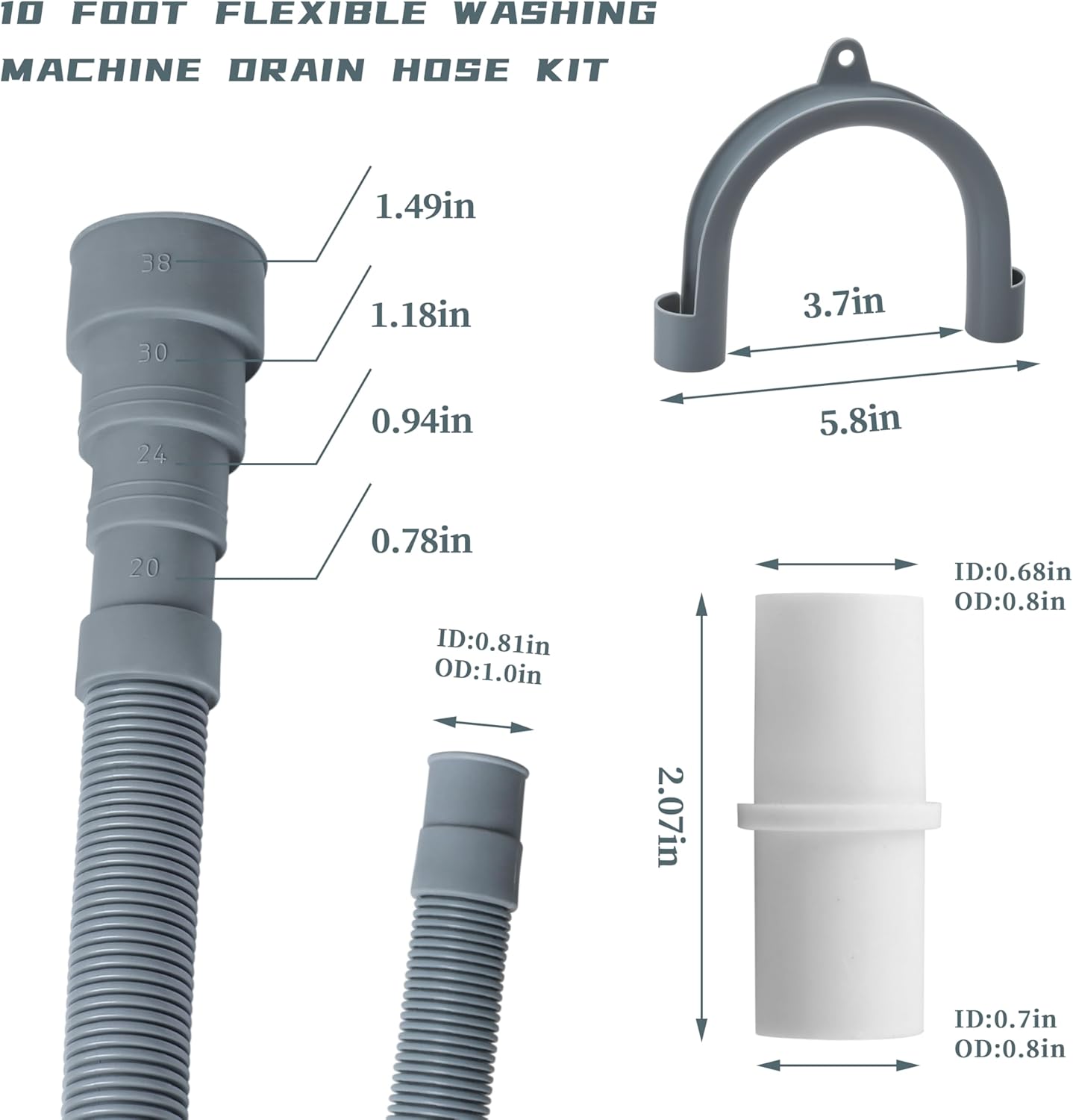 10 Feet Washing Machine Drain Hose, Universal Drain Hose Extension Kit for Washer, Dishwasher, Dehumidifier, Flexible Discharge Hose for LG/GE/Samsung, Fit up to 1-1/2 Inch Drain Outlets