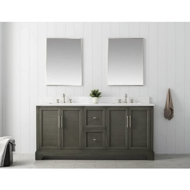 Vanity Art 72 Inch Double Sink Bathroom Vanity with Ceramic Sink and Engineered Marble Top, Without Mirror