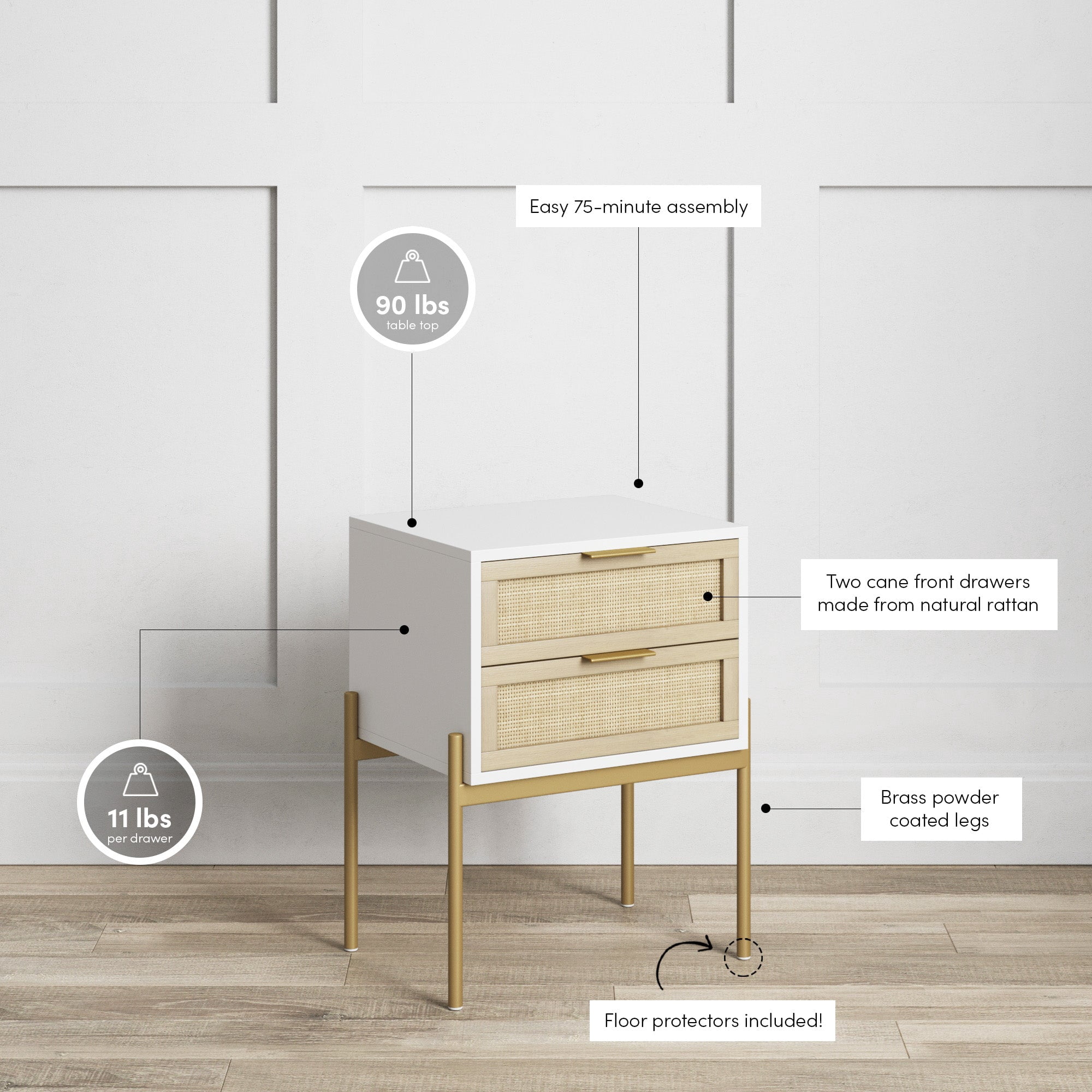 Nathan James Andrew Side Table with 2 Drawers, White/Gold