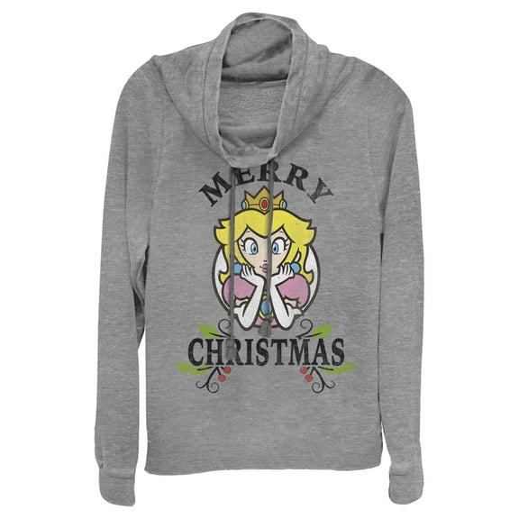 Junior's Nintendo Christmas Princess Peach Cowl Neck Sweatshirt Gray Heather X Small