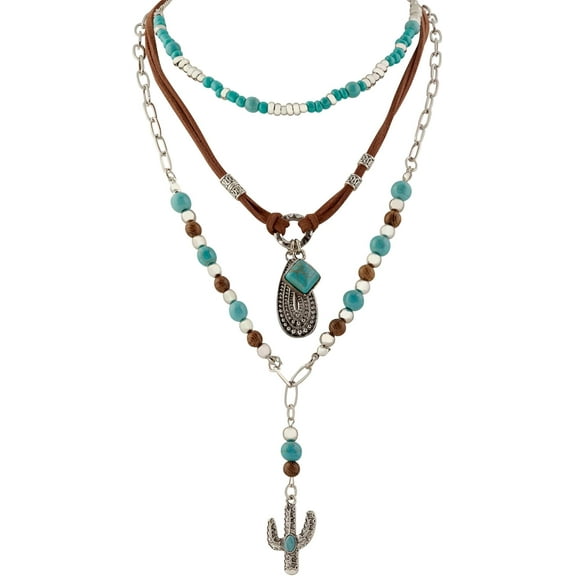 Retro Created Turquoise Sweater Chain Necklace Set, Beaded Ethnic Style, Cactus  Drop Pendant, Gift Jewelry for Women