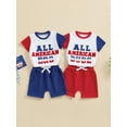 thumbnail image 4 of Aojekbee Toddler Boys 4th of July Shorts Sets Short Sleeve Letter Embroidery Tops Solid Color Shorts Sets, 4 of 10