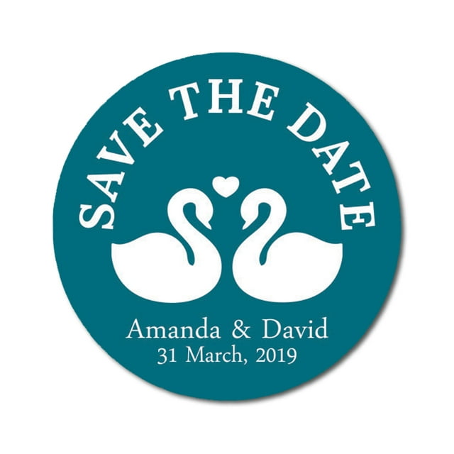 Darling Souvenir Round 45 Pcs Loving Swans Save The Date Stickers Personalized Bride Groom Names And Date Envelope Seals - Teal Blue