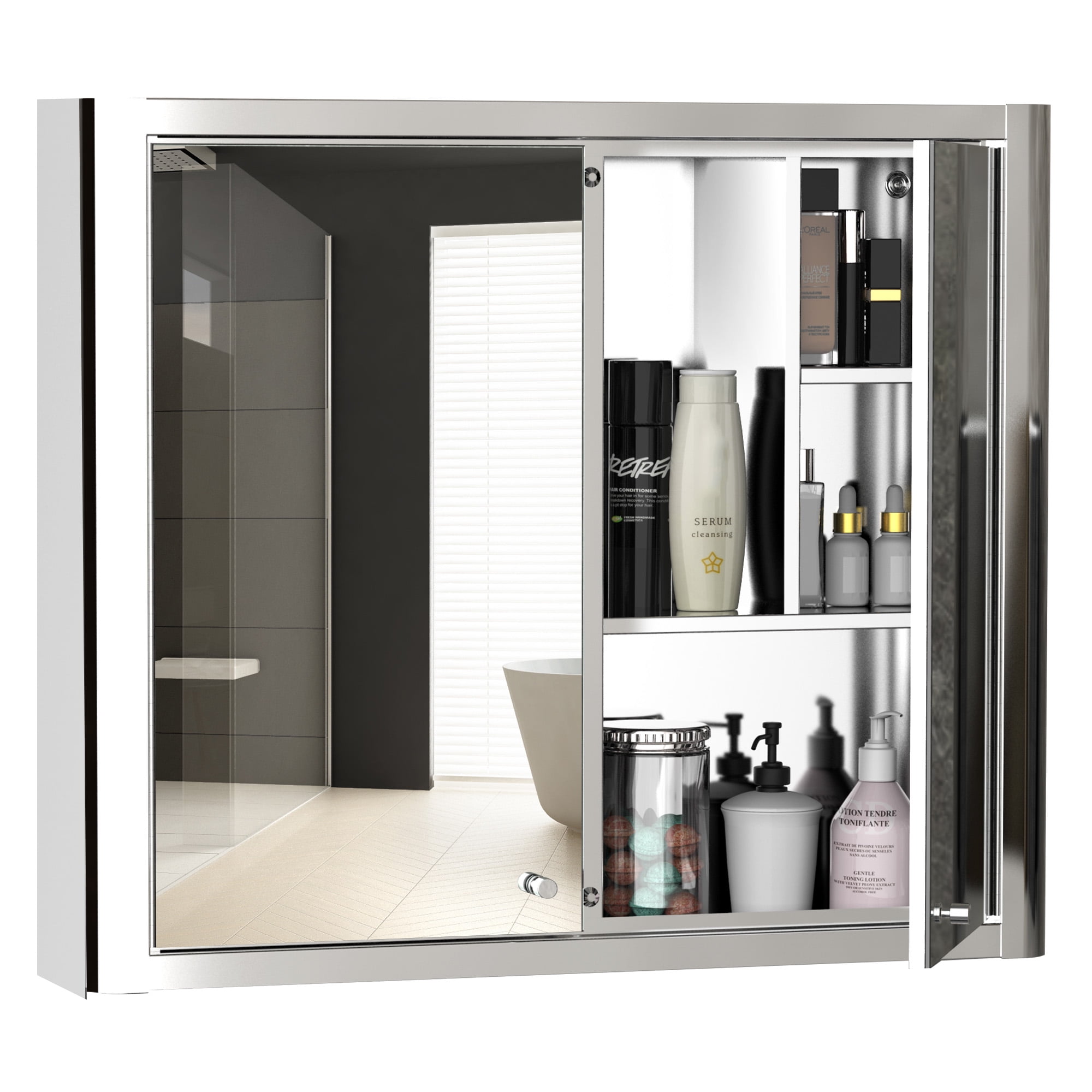 Wall Mounted Bathroom Mirror Cabinet, Bathroom Wall Mount Medicine Cabinet Storage With Mirror Doors Shelf