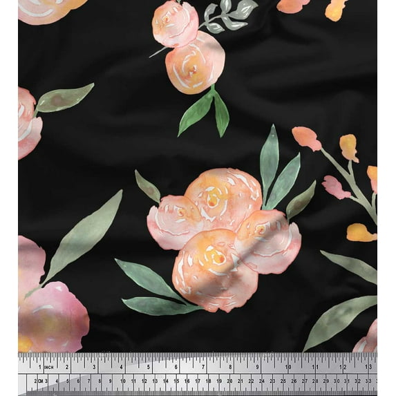 Soimoi Black Cotton Duck Fabric Leaves & Peach Floral Watercolor Print Fabric by Yard 42 Inch Wide