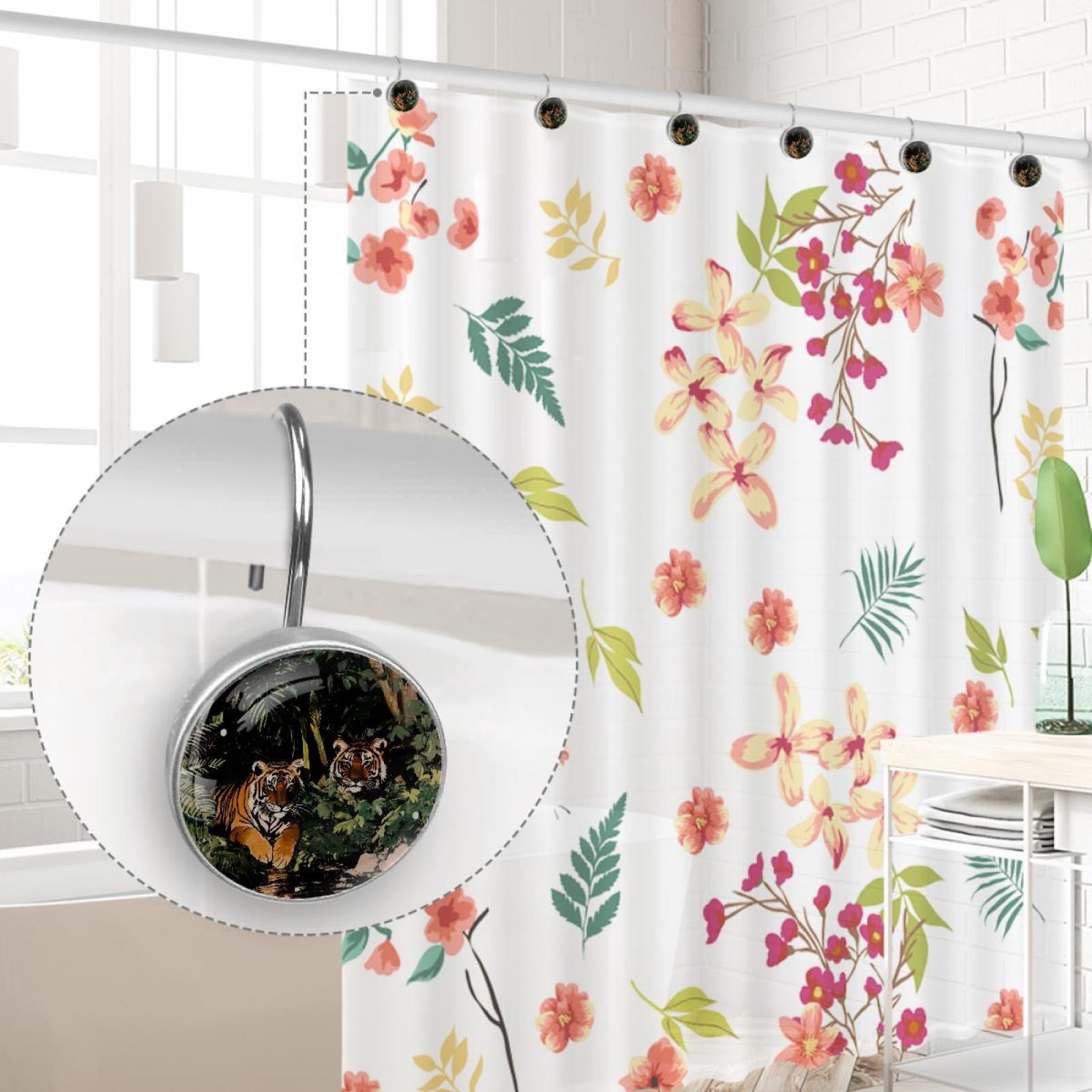 Tigers Laying on Forest Shower Curtain Hooks Round Crystal Glass, Set of 12 Shower Curtain Rings - Shower Hooks for Curtain Shower Rings