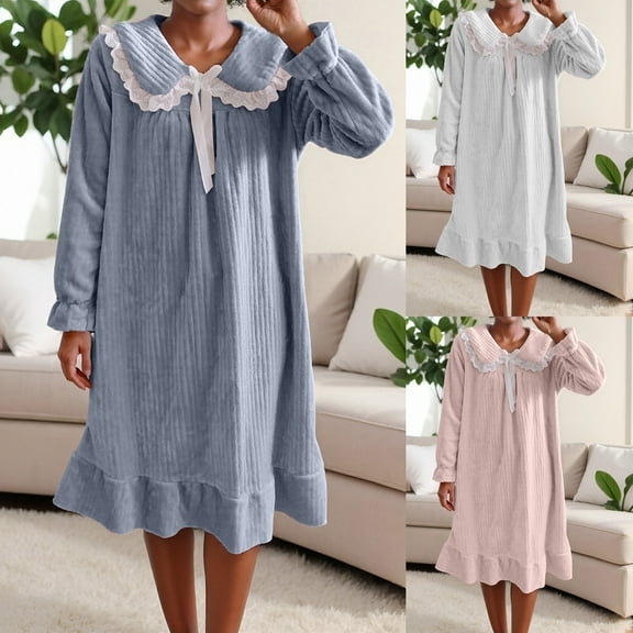 Oksale Fuzzy Flannel Midi Nightgowns for Women Cute Doll Collar Ruffle Trim Winter Pajama Dress Loose Long Sleeve Sleepwear Soft Comfortable Warm Loungewear White M