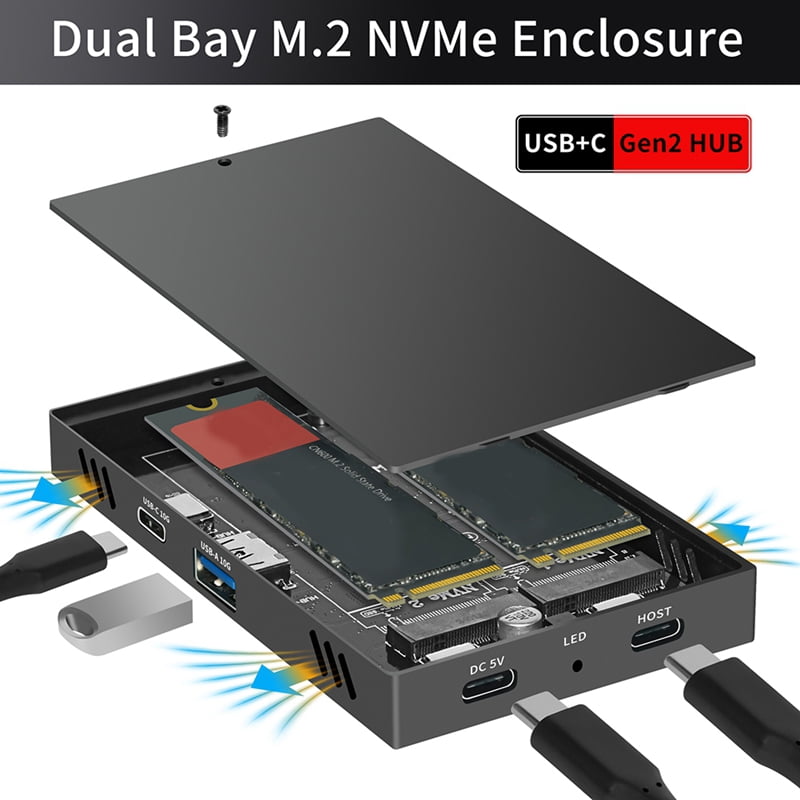 M.2 NVMe SSD Docking Station 10Gbps, Dual-Bay Aluminum Hard Drive Case for PC and Laptop