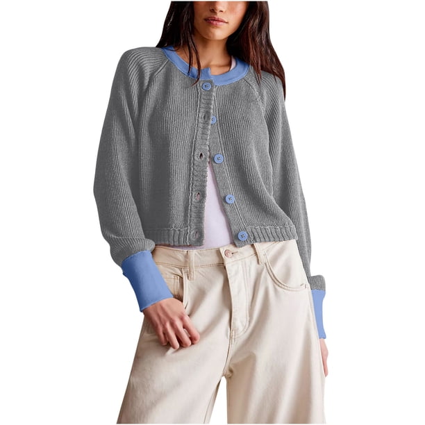 Chaqueta y abrigo informal de manga larga sin capucha para mujer, estilo europeo y de moda, con cuello redondo, botones en contraste, de punto, chaqueta informal de manga larga con capucha, tops para