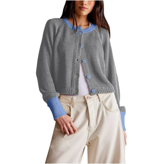 Penkiiy Womens Cropped Cardigan Sweaters Button Down Open Front Long Sleeve Fall Trendy Color Block Knit Coats M Gray