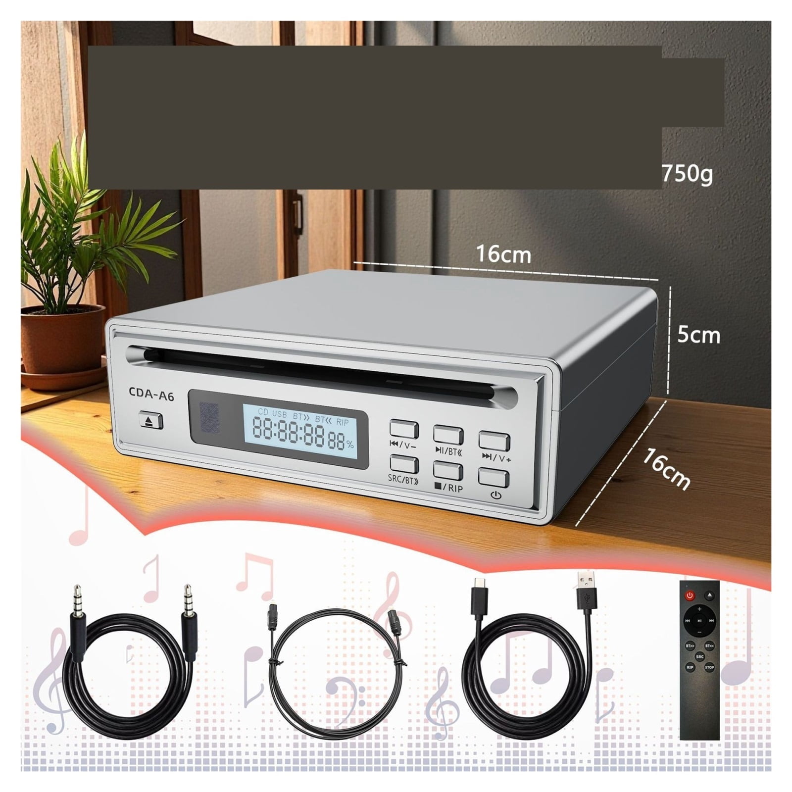 CD Player Bluetooth Digital CD Grabber with Automatic Ripping WAV Fiber Output Remote Control ,Compatibility