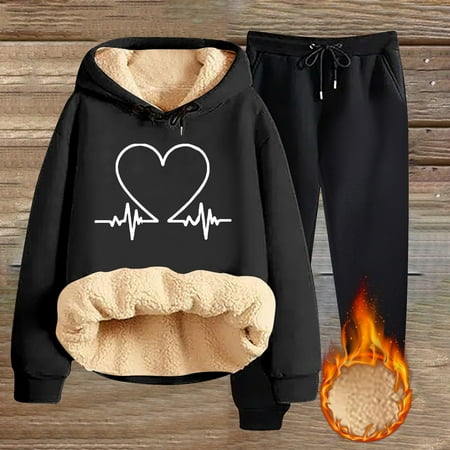 Clearance! Delayuji Womens Sweatsuits 2 Piece Set Lamb Fleece Round Neck Hoodie Winter Youth Thick Warm Solid Color Hooded Top Plus Size Suit Sequin Jumpsuits for Women Black Xxl