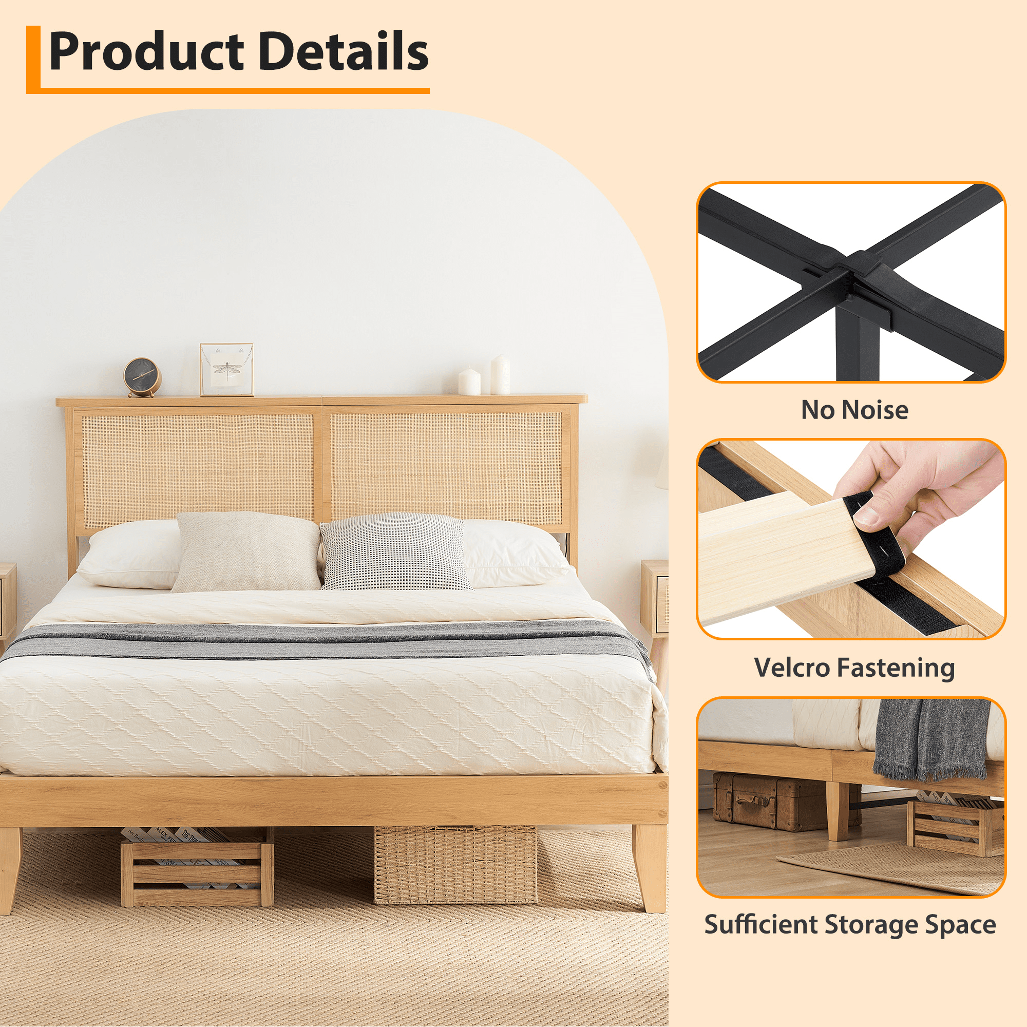 Rattan Full Bed Frame, Full Size Bed Frame with Natural Rattan Headboard, Platform Bed Frame with LED Lights, Under Bed Storage and Wooden Legs Support, Noise-Free, No Box Spring Needed