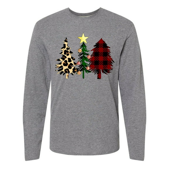 Inktastic Three Christmas Trees in Plaid and Leopard Print Long Sleeve T-Shirt