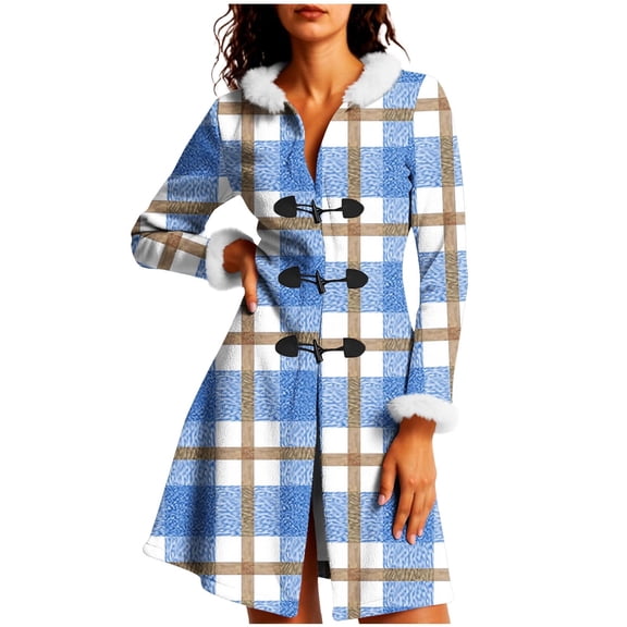 Christmas Mid Length Plaid Winter Coat for Women Plush Cuffs Long Sleeve Crewneck Button Down Cardigan Jacket for Holiday Light Blue S