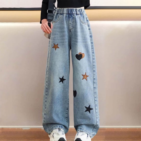 RTKFRFLM Girls Straight Leg Denim Jeans Relaxed Fit Wide Leg Casual Trousers Blue 16-17 Years