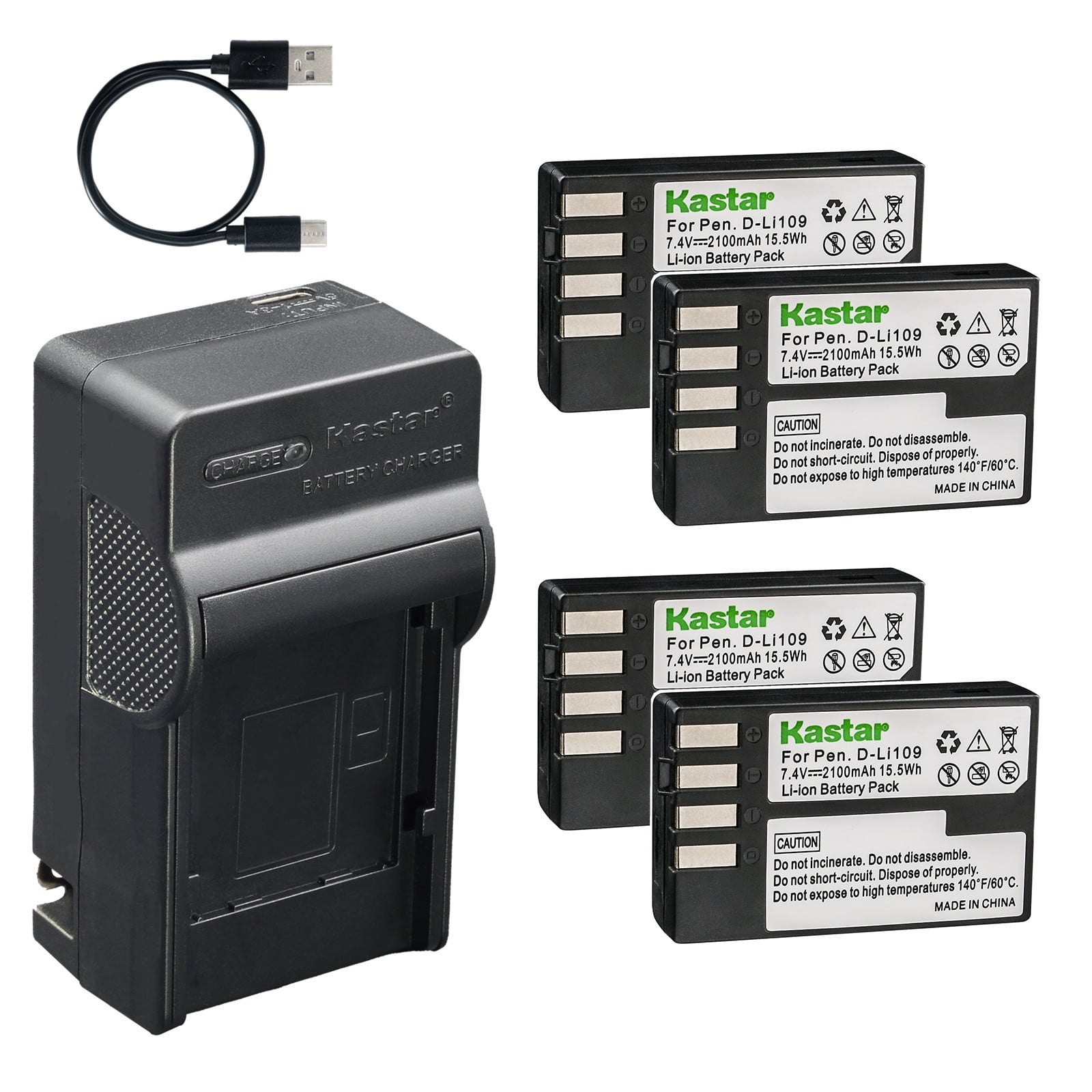 Kastar 4-Pack Battery and AC & USB-C Charger Compatible with D-Li109 Camera for Pentax K-R K-30 K-50 K-70 K-500 K-S1 K-S2 KP KF DSLR Camera