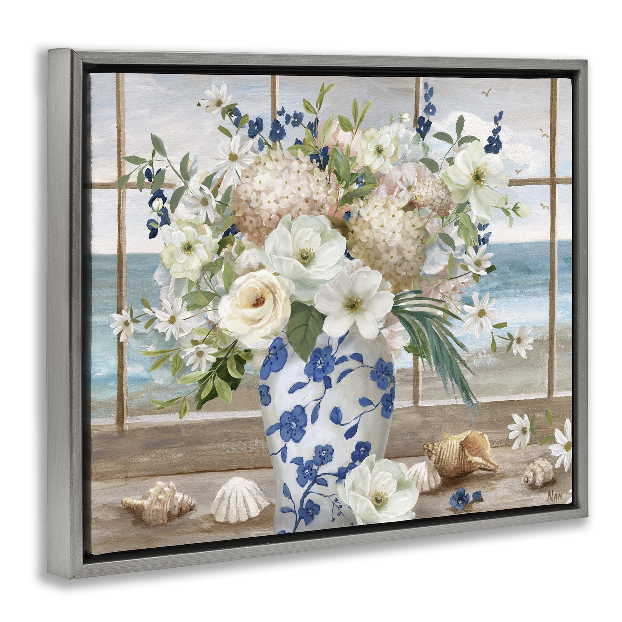 Stupell Industries Seashells & Flowers Windowsill Gray Framed Floater Canvas Wall Art, design by Nan