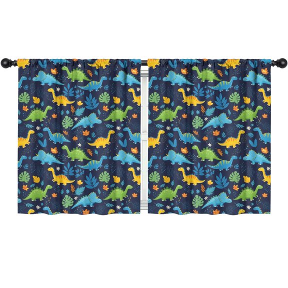 Blackout Kids Curtains,DarkBlue Colorful Dinosaurs Leaves Pattern Childrens Insulated Curtains Set Of 2,Bedroom Essentials,Toddler Room Decor 52"x63"
