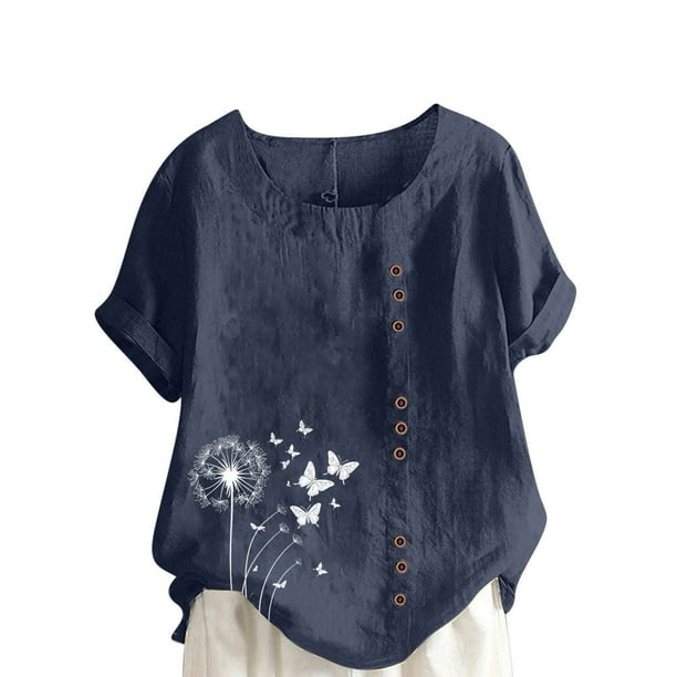 Vestidos Casuales Para Mujer, Blusas De Mujer De Moda Blusa informal de lino con cuello redondo, manga corta y botones para mujer