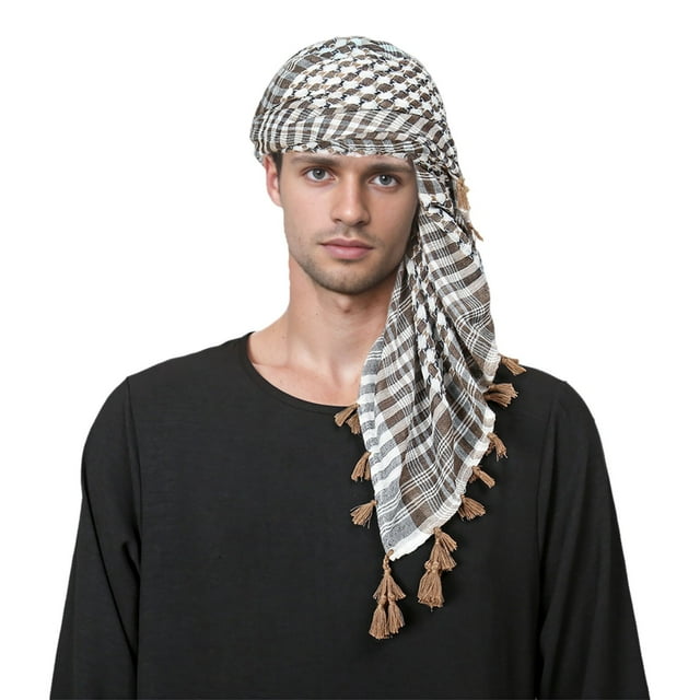XASZHN Mens Colorful Grid Tassel Arab Muslim Headscarf Trendy Comfort Khaki_003 One Size