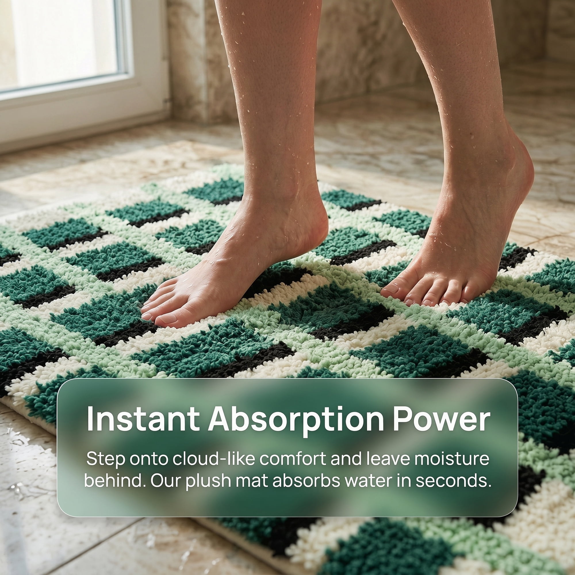Unique Bargains Absorbent Plush Non-Slip Washable Checkered Rug Green 32" x 20"