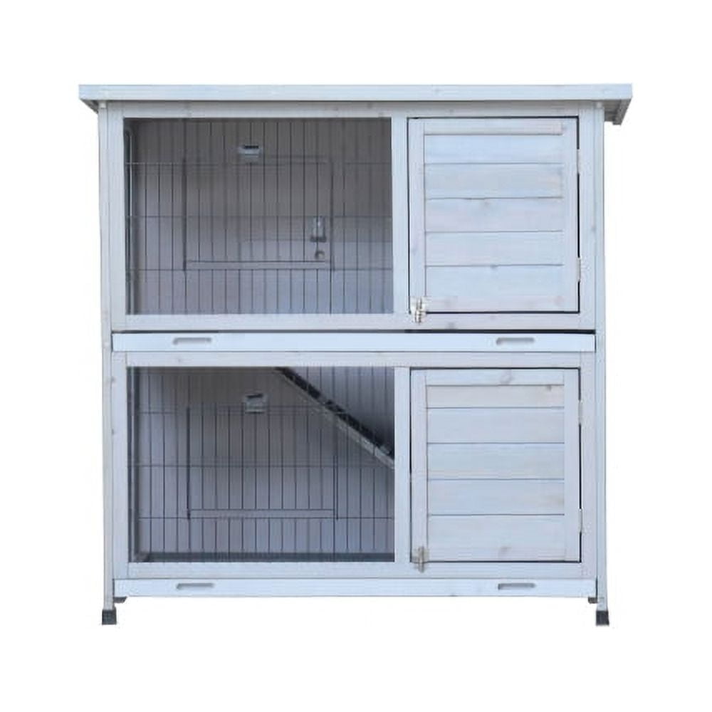 Rabbit Hutch Outdoor, 2-Story Rabbit Cage Indoor with Run, Bunny Cage with 2 Removable No-Leak Trays, Pet Cages with Non-Slip Ramp, Waterproof Roof, Fence, for Small Animals