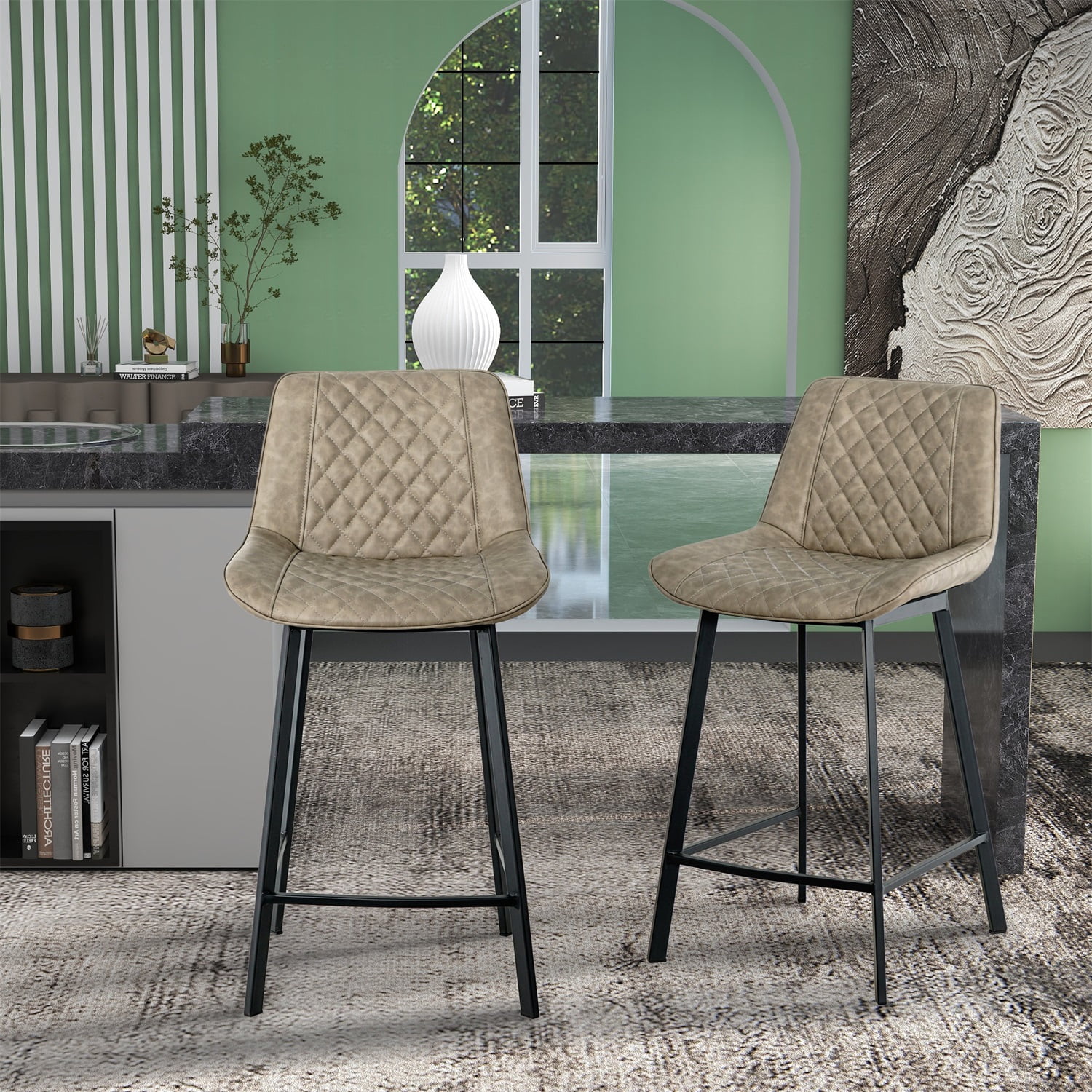 Kadyn Modern Cheap High Bar Stool Set of 2, Upholstered Pu Leather Bar Chair with Back, Metal Counter Height Bar Stool for Dining Room, Light Brown