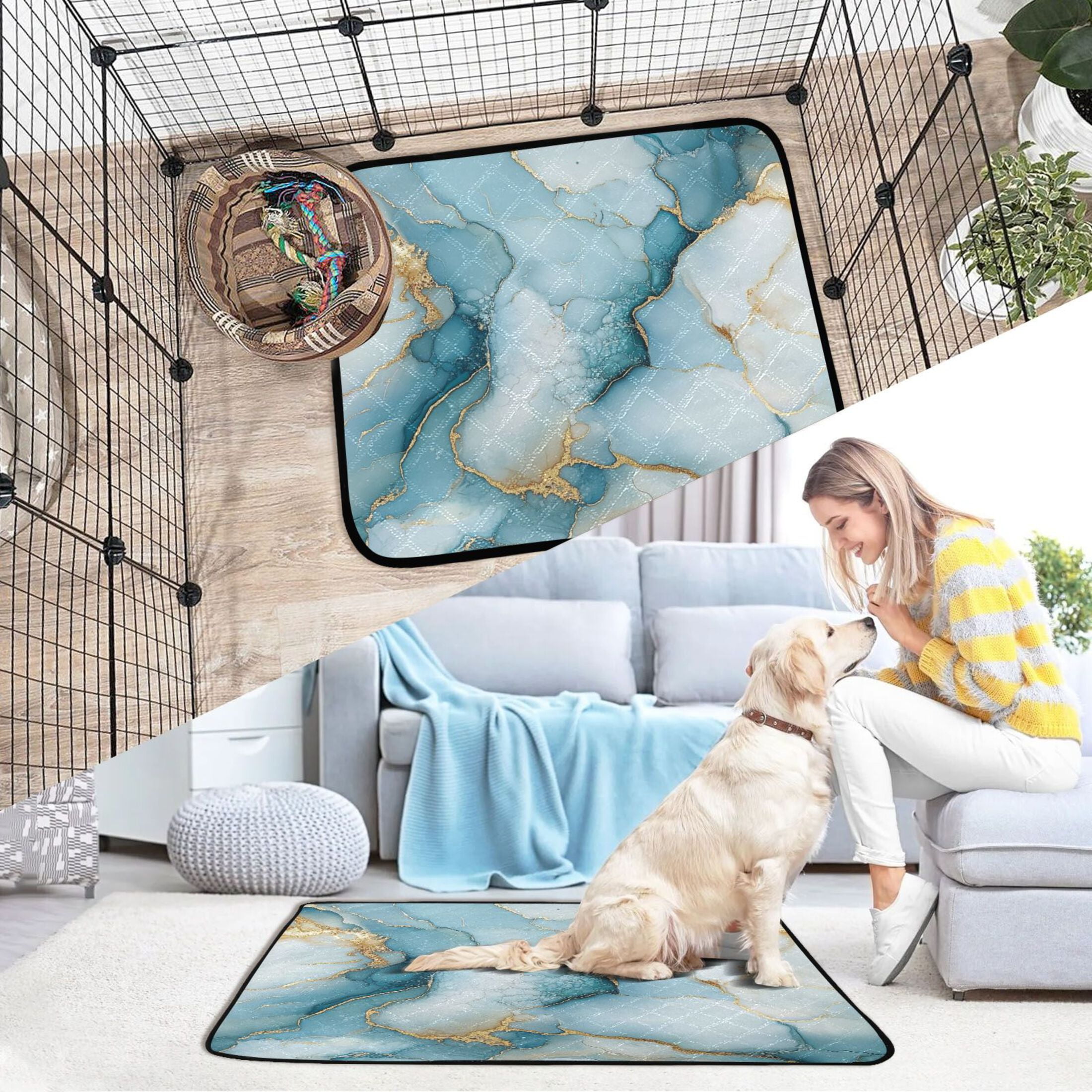 Qxltty Cyan Gilt Marble Cat litter Pads Pet Set of 2 Diaper Mats Center Anti-leakage Layer Absorbent Soft and Comfortable