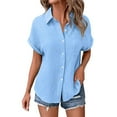 thumbnail image 5 of Pxiakgy Women Linen Button Down Shirt Rolled Cuffed Short Sleeve Blouse Ladies Summer Casual V Neck Beach Double Layer Wrinkled Fabric Tops Batwing Sleeve Pocket Patched Shirt Sky Blue Xl, 5 of 6