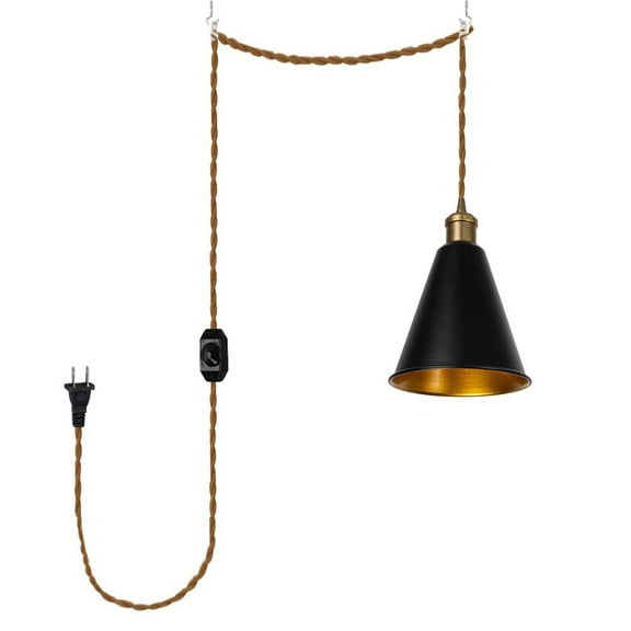 KAYYELAMP Dimmable Pendant Lamp Plug in Cord 15 Feet E26 Copper Base Inner Gold Black Metal Cone Shade Vintage Design Hanging Light for Bedroom Kitchen Stairs(No Bulb)
