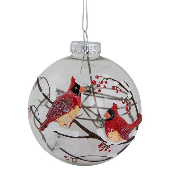 Cardinals Snowy Winter Scene Glass Ball Christmas Ornament - 4" - Red