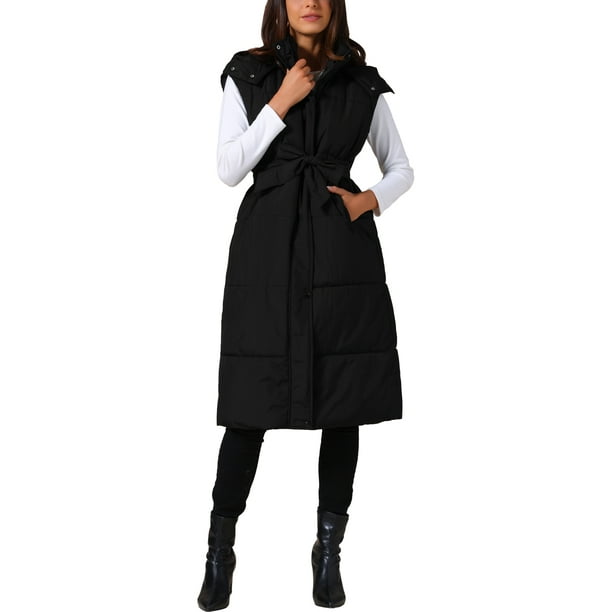 INSPIRE CHIC Chaleco de Invierno sin Mangas con Capucha para Mujeres, con Bolsillos y Cinturón, Talla 2XL, Negro