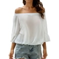 thumbnail image 2 of Lu's Chic Women's Bell Sleeve Blouse Off the Shoulder 3/4 Sleeve Top Ruffle Loose Fit Ruched Date Night Soft Elastic Summer Fall White 4-6, 2 of 4
