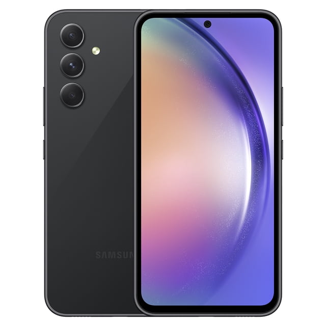 smartphone samsung galaxy a54 5g dual sim 128gb awesome graphite 8gb ram Vista frontal y trasera del Samsung Galaxy A54 5G Awesome Graphite, pantalla FHD+ de 6.4 pulgadas a 120 Hz con cámara selfie central, respaldo gris oscuro con módulo triple trasero 50+12+5 MP y acabado de vidrio; diseñado para fotografía móvil y uso 5G, y también útil como reproductor multimedia portátil.
