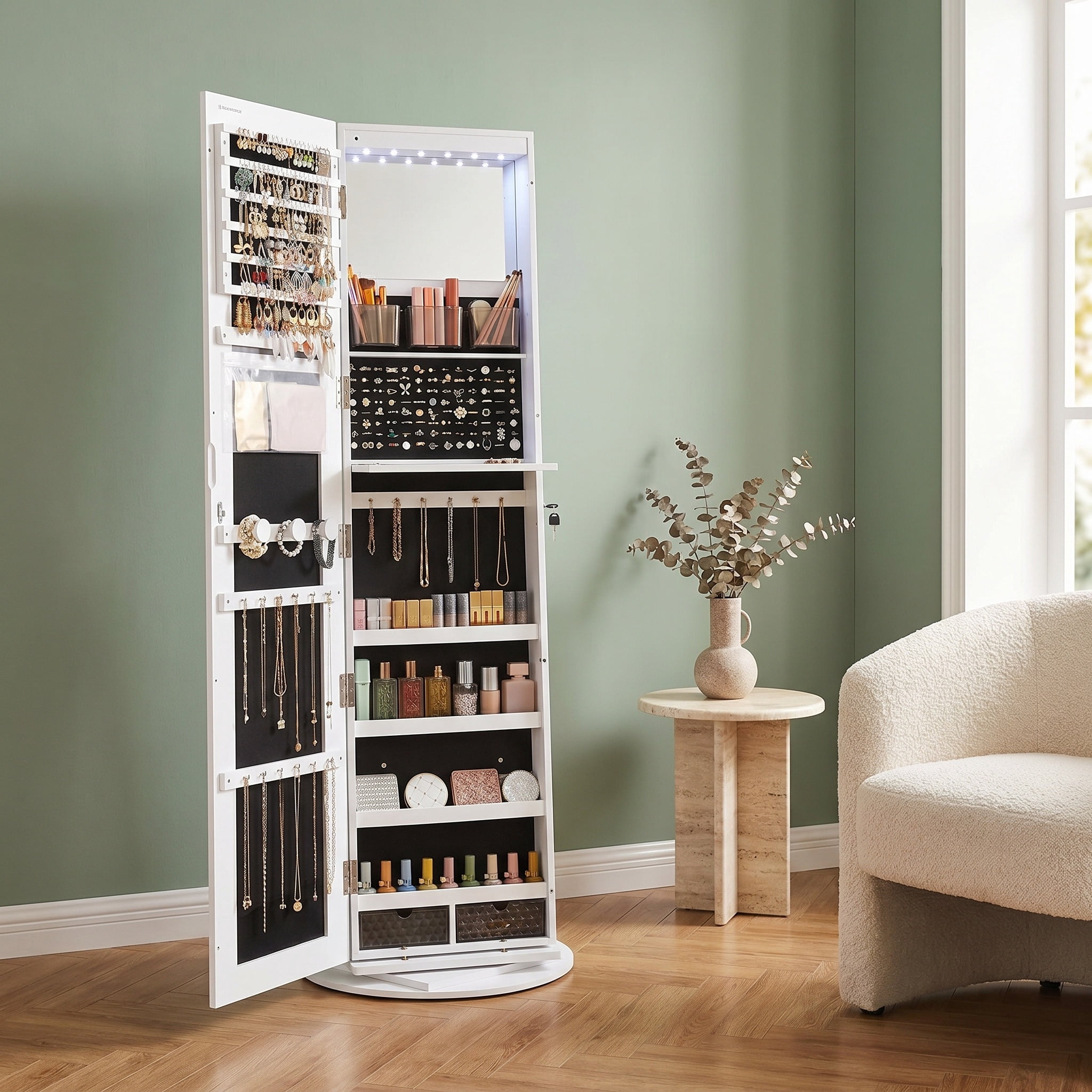 Nordic Hygge 360° Swivel 6-LED Lockable Jewelry Cabinet with Full-Length Mirror – White & Black