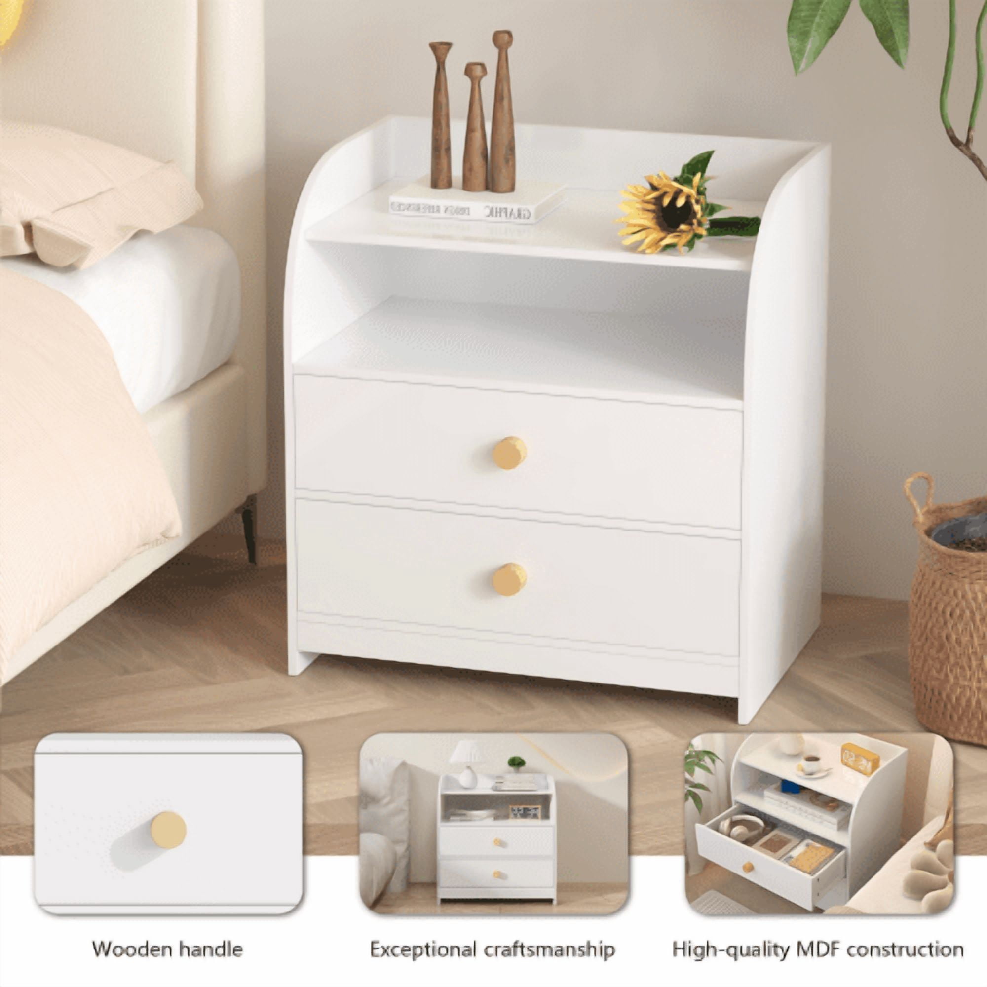 Nightstand with 2 Drawers and Open Shelf, MDF Bedside Table with Curved Side Panels, Modern End Table for Bedroom, Kids Room, Nursery, Living Room, Storage Cabinet, White