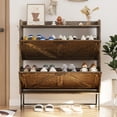 thumbnail image 7 of Narrow Shoe Storage Cabinet,Hidden Shoe Cabinet with Two Hooks,31.5" W Farmhouse Style Freestanding Shoe Rack Cabinet,Shoe Cabinet with 2 Flip Drawers for Entryway,Hallways,Brown, 7 of 7